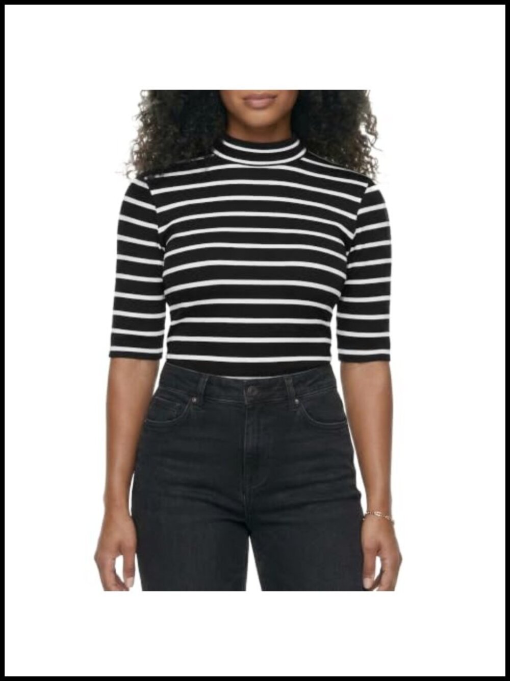 Women's Ribbed Knit Mock Neck Striped Top - Slim Fitted Elbow Sleeve Tee